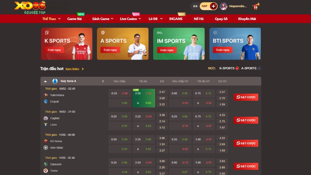 Thẻ thao XO88 đa dạng tỷ lệ kèo cược